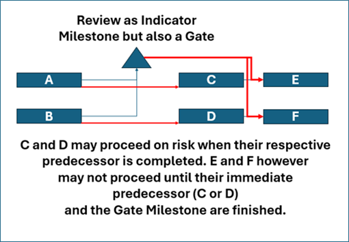 Review as Indicator
Milestone but also a Gate - C and D may proceed on risk when their respective predecessor is completed. E and F however may not proceed until their immediate predecessor (C or D)
and the Gate Milestone are finished.